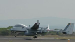 The Heron Unmanned Air Vehicle (UAV) takes off from the Comalapa airport runway during a counterdrug support mission May 21. The Heron UAV is part of an Unmanned Air System (UAS) deployed to El Salvador through May 27 to support a month-long evaluation initiative called Project Monitoreo to assess the suitability of using unmanned aircraft for counterdrug missions in the U.S. Southern Command area of focus. (Photo by Jose Ruiz, U.S. Southern Command Public Affairs)