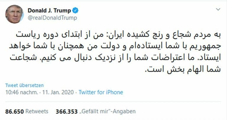 Solidaritäts-Tweet von US-Präsident Trump an die iranischen Demonstranten
