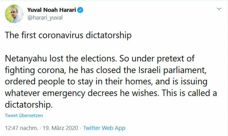 Der Tweet von Yuval Harari, den der SPIEGEL für seinen Artikel aufgriff