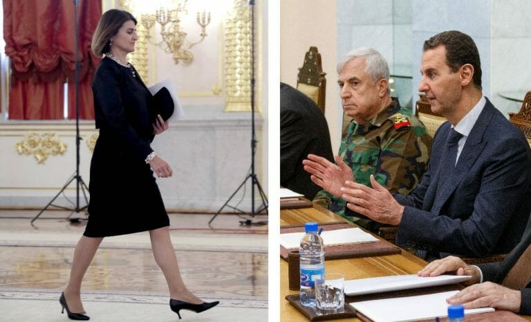 Die alte und neue griechische Botschafterin Tasia Athanasiou und Syriens Präsident Assad