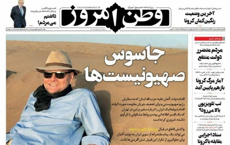 „Spion der Zionisten“: Titelseite der Zeitung Vatan-e-Emrooz mit Bild des deutschen Botschafters in Teheran
