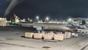 Die Ethihad-Maschine mit Corona-Hilfe aus den Vereinigten Arabischen Emiraten auf dem Flughafen von Tel Aviv