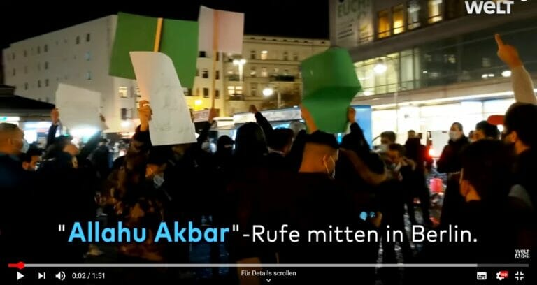 In meheren Städten in Europa reagierten Muslime auf das islamistische Morden in Frankreich mit "Allahu Akbar"-Rufen, wie hier in Berlin am 29. Oktober 2020. (©WELT Nachrichtensender/Youtube)