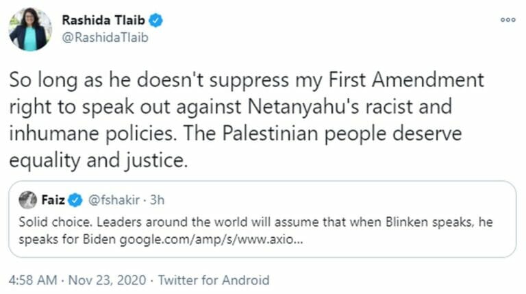Rashida Talib reagiert auf Biden Ankündigung Blinken zum Außenminister machen zu wollen