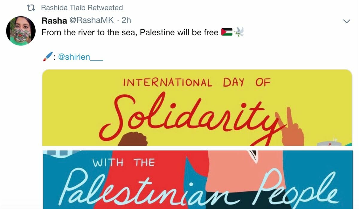 Rashida Tlaib retweetet: "Vom Jordan bis zum Mittelmeer, Palästine wird frei sein"