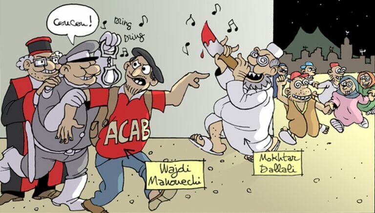 Cartoon, der zur Solidarität mit dem tunesischen Blogger Wajdi Mahouechi aufruft