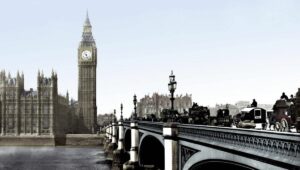 Der Uhrturm mit der als "Big Ben" bekannten Glocke in London um das Jahr 1900