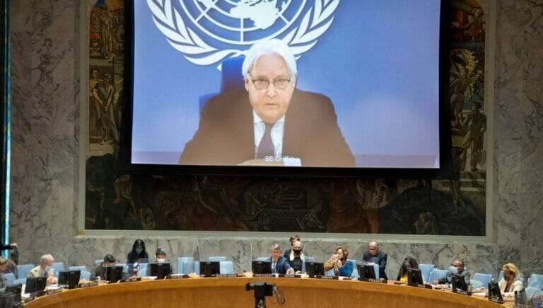 Der scheidende Gesandte für den Jemen Martin Griffiths spricht vor dem UNO-Sicherheitsrat