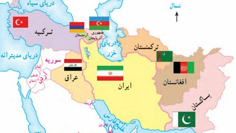 Landkarte vom Nahen Osten aus einem aktuellen, iranischen Schulbuch. Dort, wo seit 1948 der Staat Israel existiert, steht auf der Landkarte in Farsi „Besetztes Palästina“