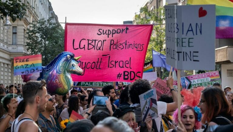 Teilnehmer des "Queer for Palestine" Soli-Block der antisemitischen BDS-Bewegung auf dem Radical Queer March