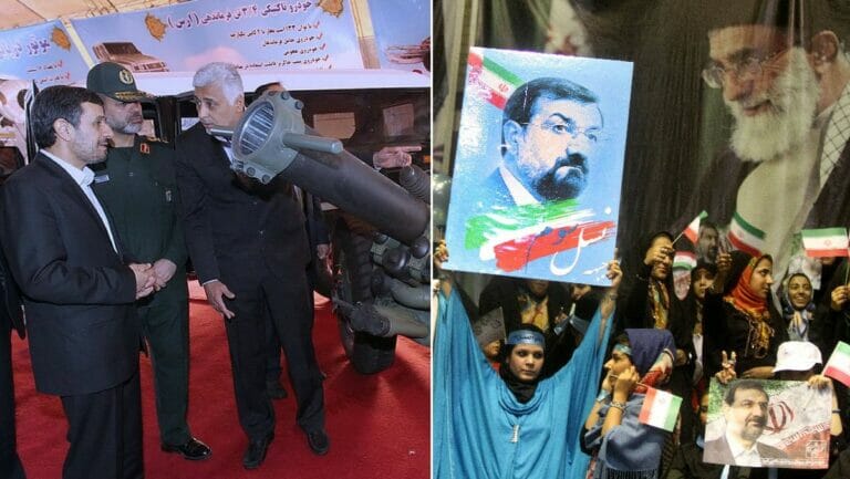 Ahmad Vahidi (in Uniform) und Mohsen Rezaei sitzen im Kabinett des iranischen Präsidenten Raisi