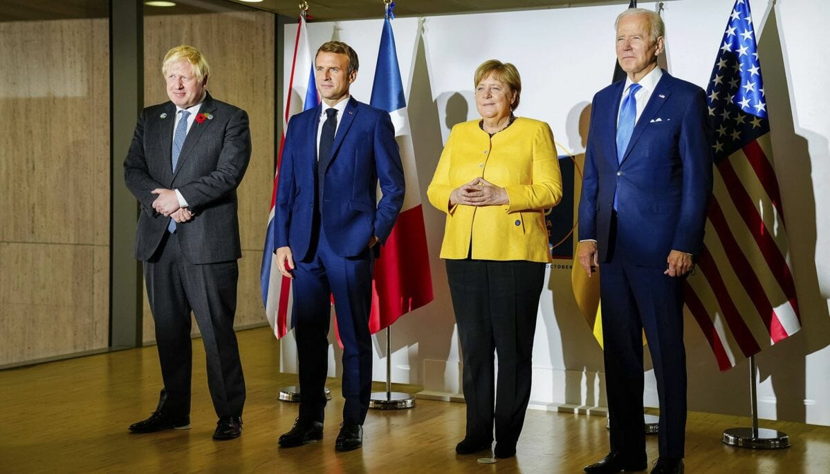Boris Johnson, Emmanuel Macron, Angela Merkel und Joe Biden auf dem G20-Gipfel in Rom