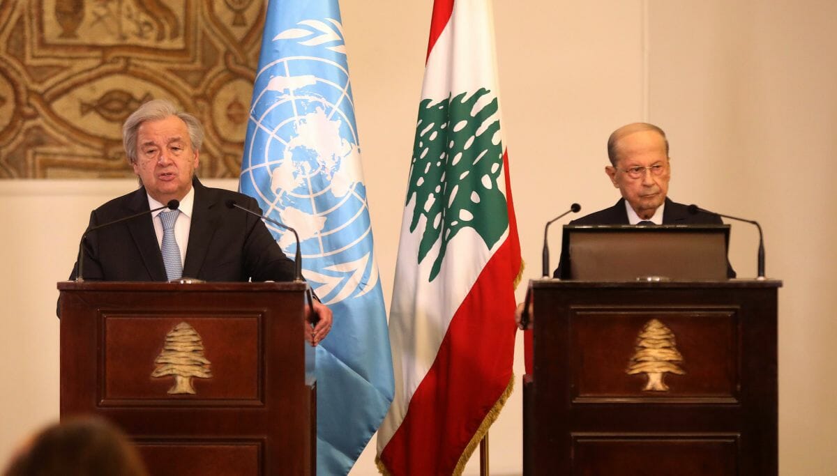 UNO-Generalsekretär Antonio Guterres bei seiner Pressekonferenz mit dem libanesischen Präsidenten Michel Aoun