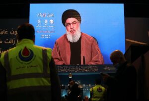 Hisbollah-Chef Hassan Nasrallh bei seiner Rede am 16. Februar 2022. (© imago images/Xinhua)