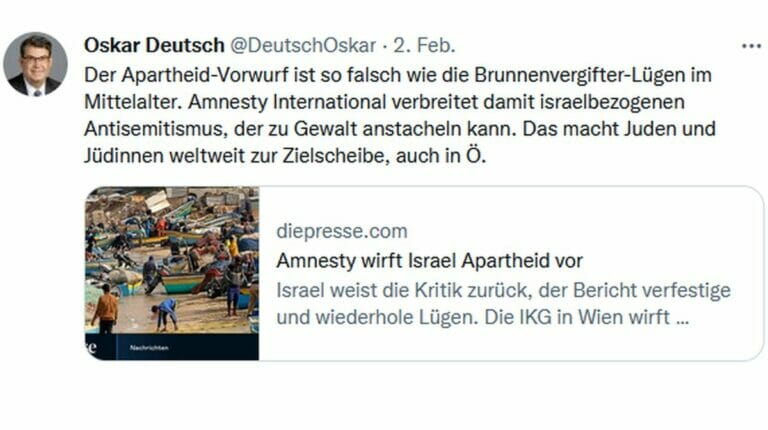 Tweet des Präsidenten der Israelitischen Religionsgesellschaft in Österreich, Oskar Deutsch