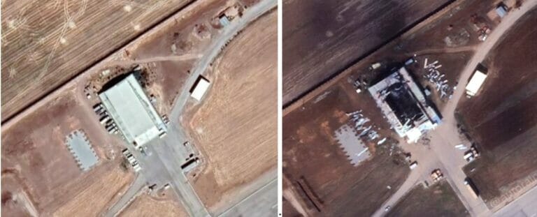 Die Drohnenbasis in der iranischen Provinz Kermanschah, vor und nach dem angeblichen israelischen Angriff Mitte Februar. (Quellen: Google Maps; Aurora Intel/Twitter).