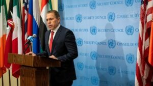 Der israelische UN-Botschafter Erdan bei seiner Pressekonferenz vor der Sicherheitsratssitzung