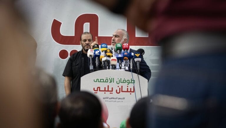 Hamas-Führer Ghazi Hamad sprich auf einer Veranstaltung seiner Organisation in der libanesischen Hauptstadt Beirut